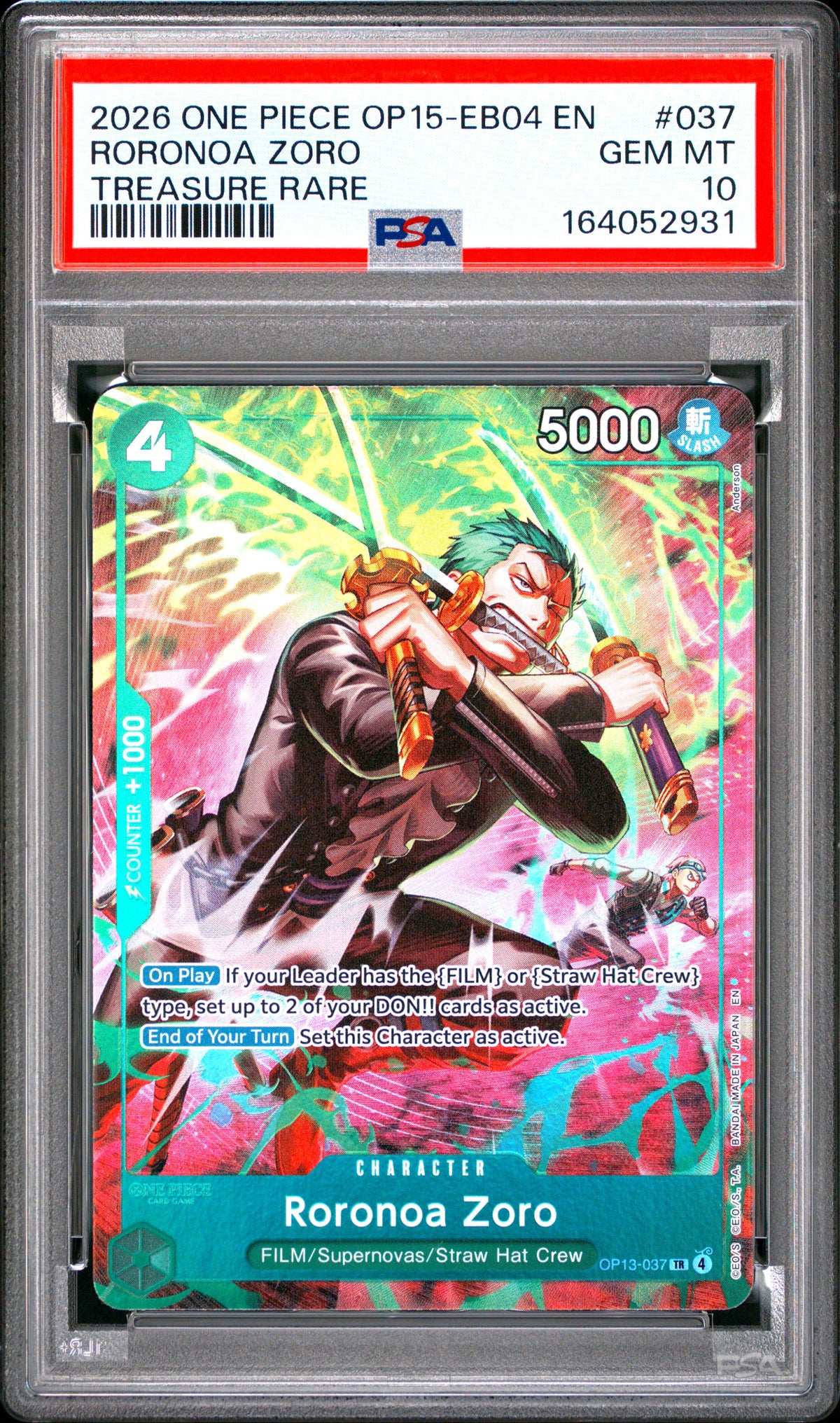 RORONOA ZORO TREASURE RARE 2026 OP15-EB04 EN PSA 10