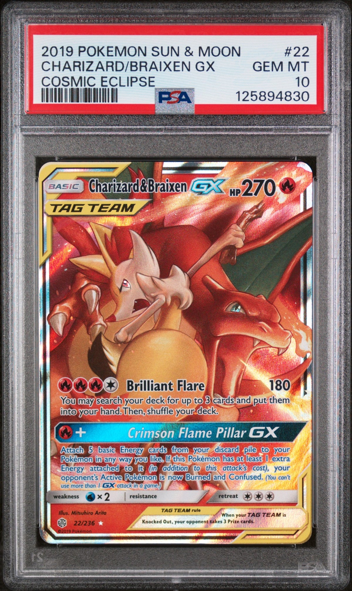 2019 POKEMON SUN & MOON COSMIC ECLIPSE #22 CHARIZARD & BRAIXEN GX PSA GEM MT 10