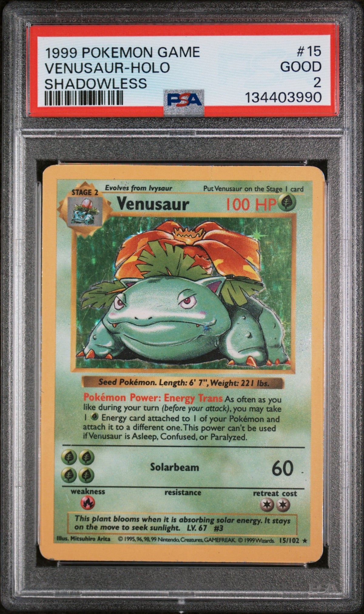 1999 POKEMON GAME #15 VENUSAUR-HOLO SHADOWLESS PSA GOOD 2