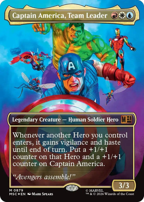 Image for Captain America, Team Leader (Borderless) (Surge Foil) (879) (Foil) (Commander: Marvel Super Heroes) (MSC) - Magic: The Gathering