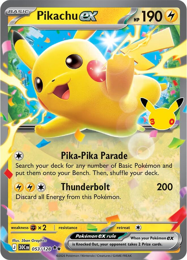 Image for Pikachu ex (053/128) (Holofoil) (ME: 30th Celebration) (30C) - Pokemon