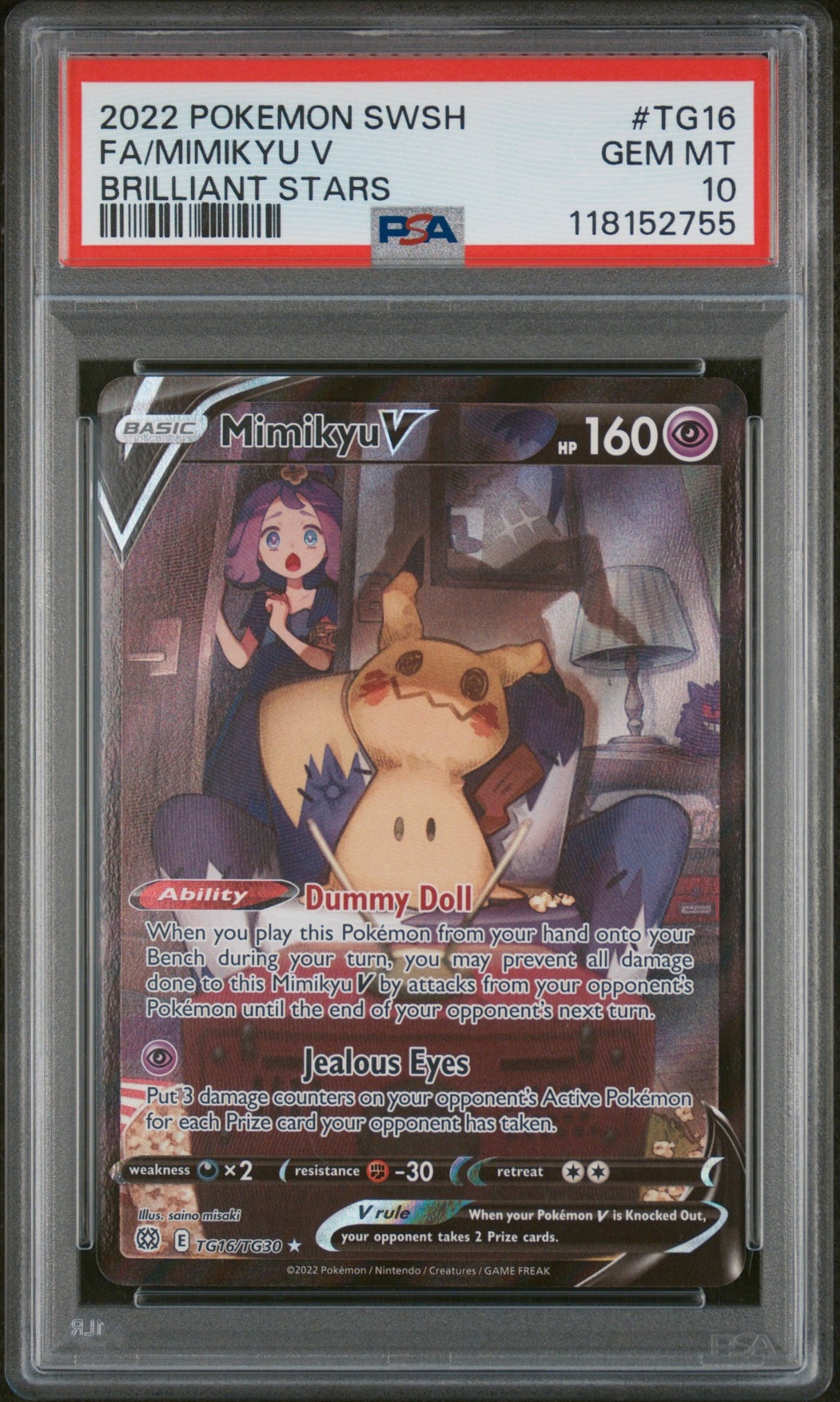 2022 POKEMON SWORD & SHIELD BRILLIANT STARS #TG16 FULL ART/MIMIKYU V PSA 10