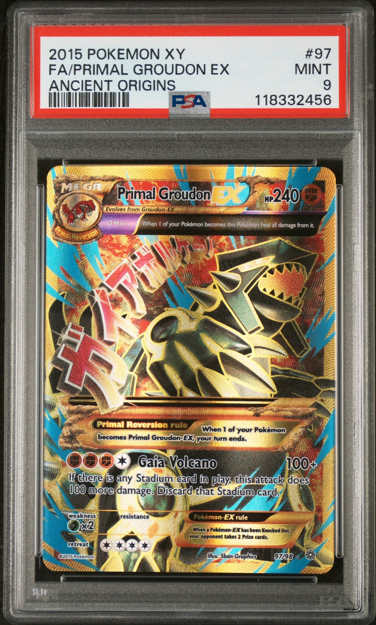 FULL ART/PRIMAL GROUDON EX 2015 POKEMON XY ANCIENT ORIGINS PSA MINT 9 - front