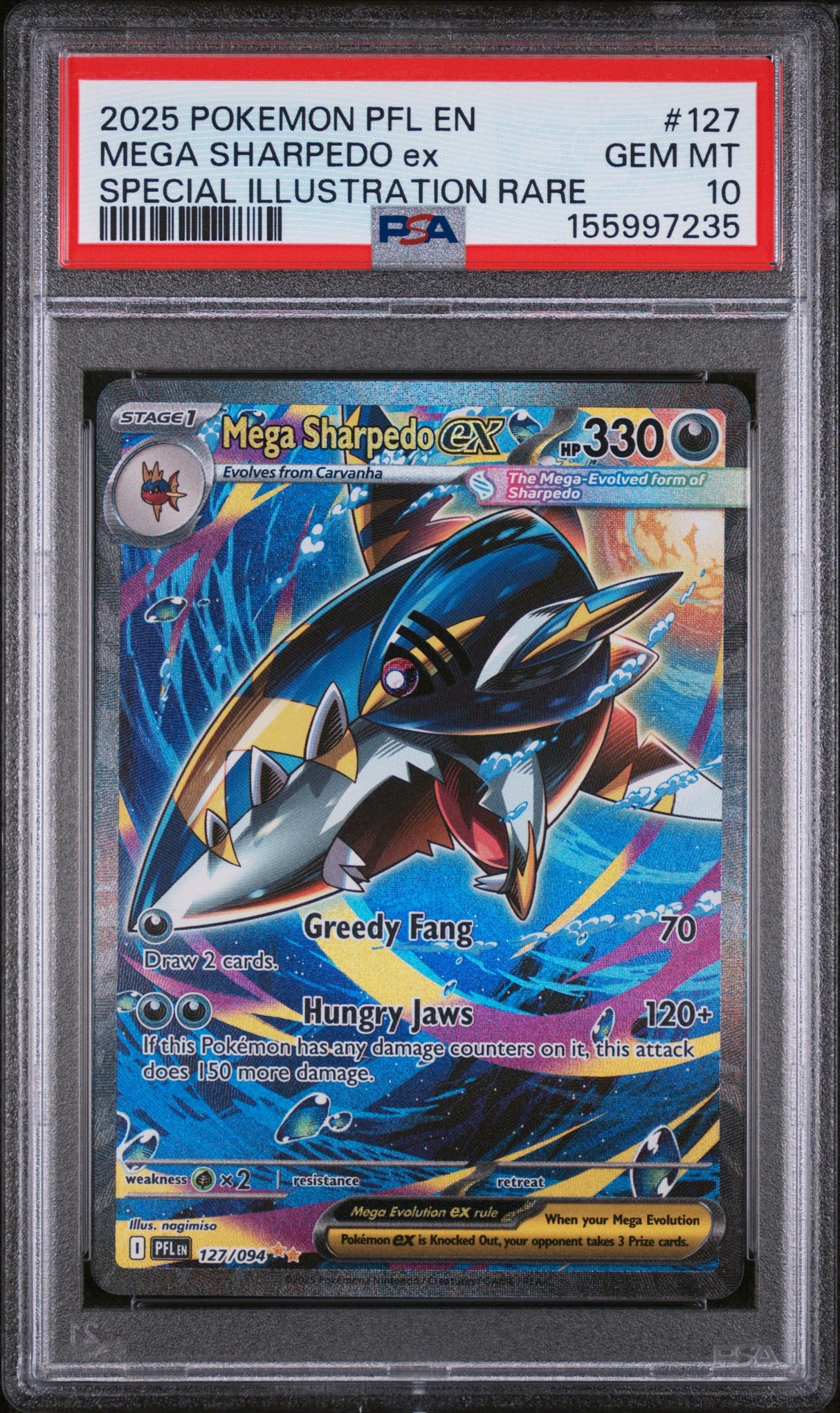 2025 POKEMON PFL EN-PHANTASMAL FLAMES #127 MEGA SHARPEDO EX SPECIAL ILLUSTRATION RARE PSA 10
