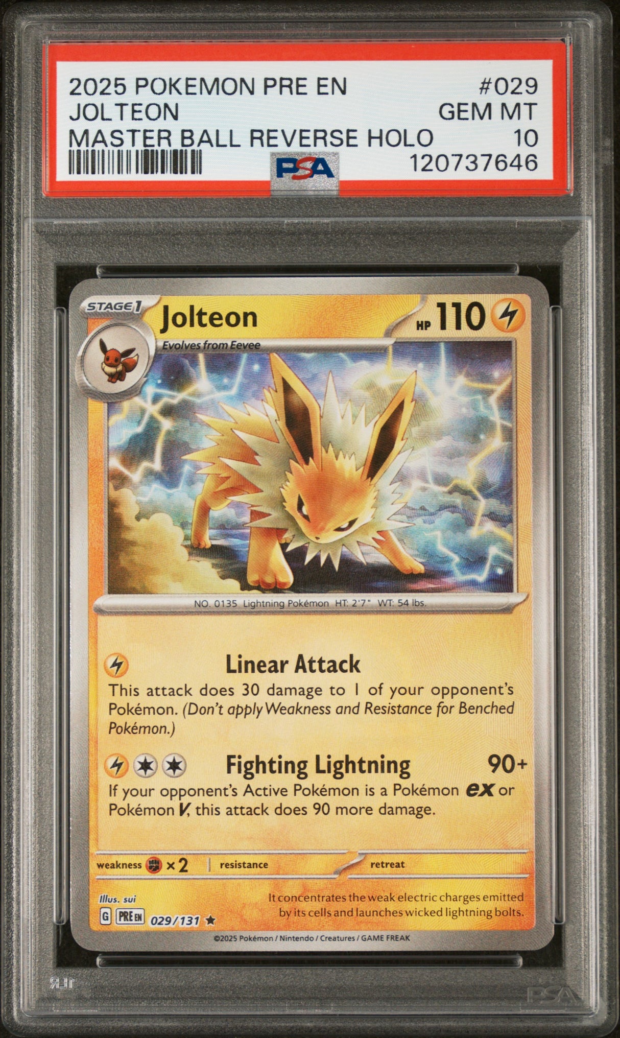JOLTEON MASTER BALL REVERSE HOLO 2025 POKEMON PRE EN-PRISMATIC EVOLUTIONS PSA GEM MT 10