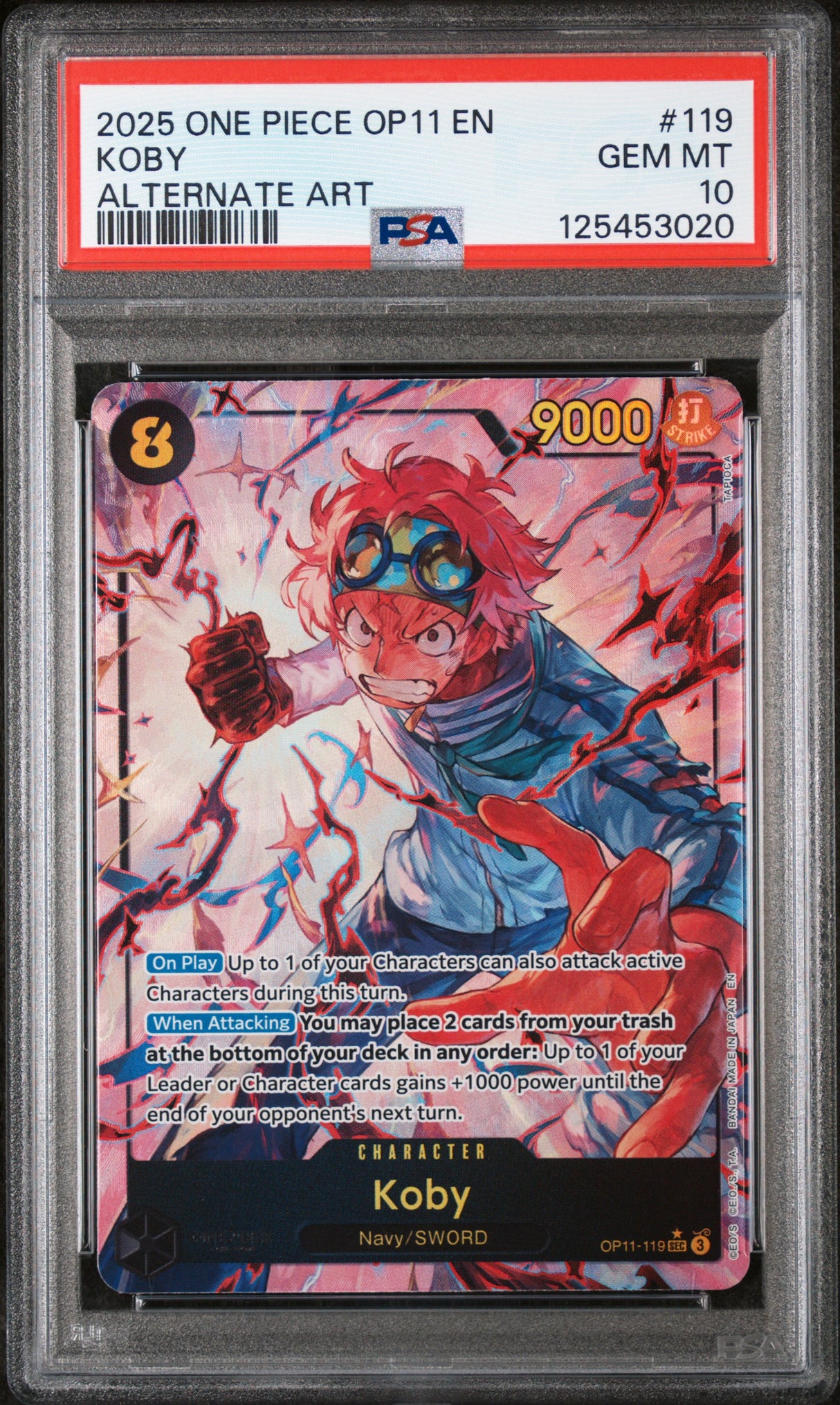KOBY ALTERNATE ART 2025 ONE PIECE OP11-A FIST OF DIVINE SPEED PSA GEM MT 10