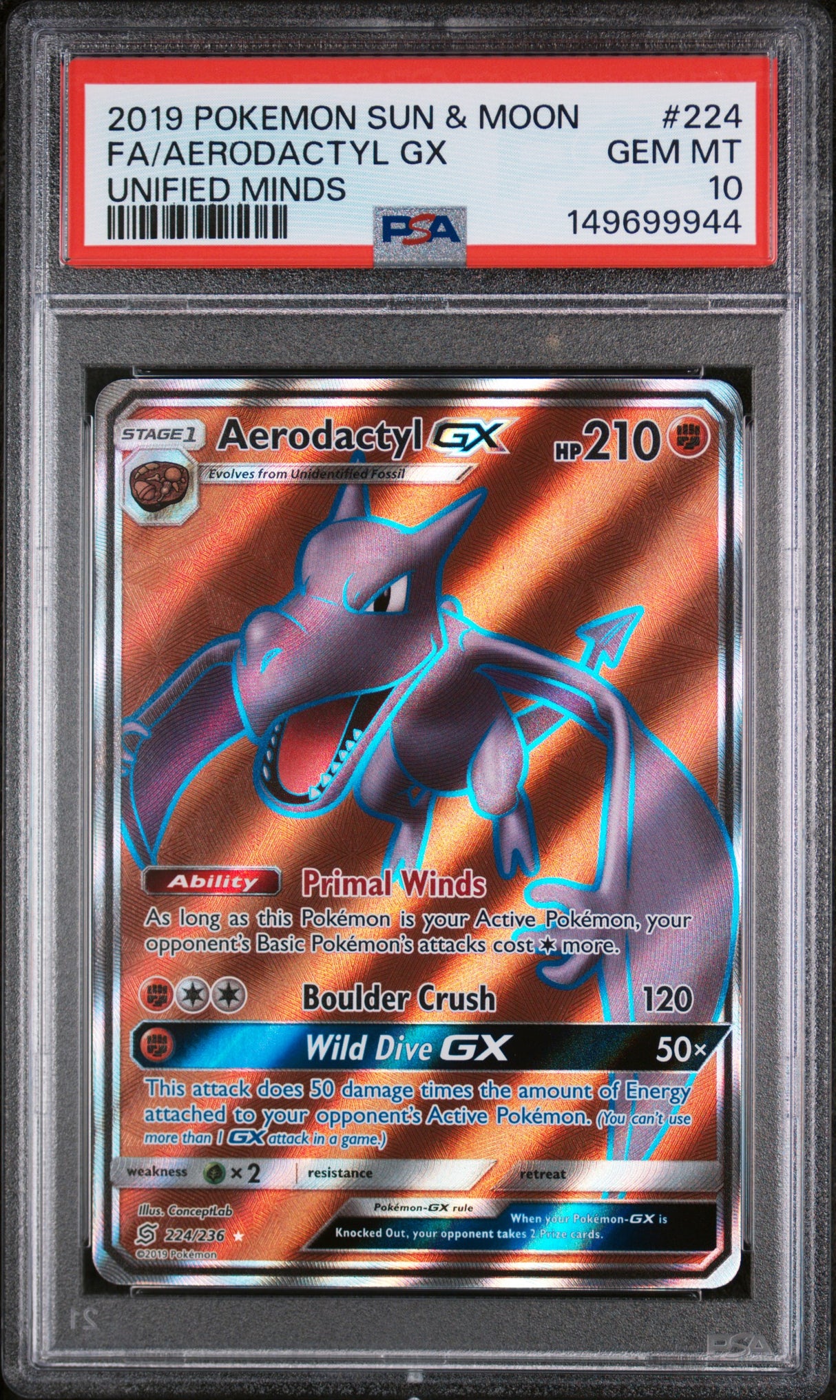 FA/AERODACTYL GX UNIFIED MINDS 2019 POKEMON SUN & MOON UNIFIED MINDS PSA GEM MT 10